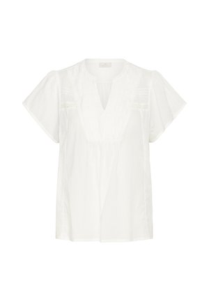Blusa bianca con maniche a sbuffo corte, scollo a V, pieghe e cuciture decorative sul petto. Realizzata in un tessuto leggero e testurizzato.