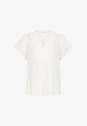 White blouse with short flutter sleeves, a V-neckline, pleats, and decorative stitching across the chest. Made from lightweight, textured fabric.