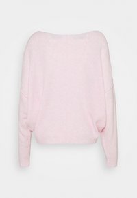 Lichtroze sweater met een brede hals, verlaagde schouders en ballons mouwen. Gemaakt van zachte, gestructureerde stof; verkorte lengte met een rechte zoom.