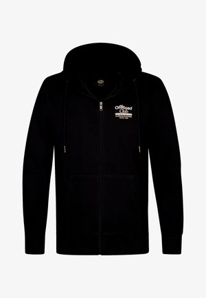 Sort hættetrøje med lynlås med hætte og snore, forlommer og hvid "OffRoad Club"-logo på venstre bryst.