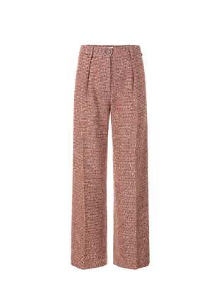 Pantaloni a gamba larga con motivo a quadri rossi e bianchi, caratterizzati da una piega frontale e un bottone di chiusura in vita.