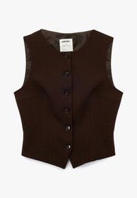 Brauner Stoffweste mit strukturiertem Design, ausgestattet mit sechs schwarzen Knöpfen, seitlichen Taschen und einem glatten Innenfutter.