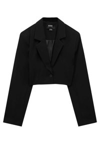 Blazer court noir avec manches longues, revers crantés, fermeture à un bouton et doublure intérieure lisse.