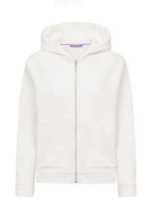 Witte hoodie met volledige rits, lange mouwen, voorzakken en aangezette capuchon, afgebeeld tegen een effen achtergrond.