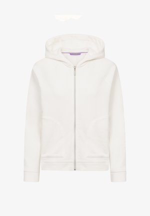 Witte hoodie met volledige rits, lange mouwen, voorzakken en aangezette capuchon, afgebeeld tegen een effen achtergrond.