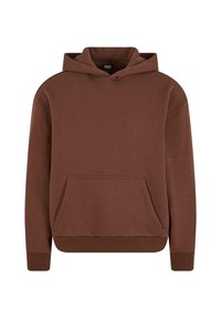 Brauner Baumwoll-Hoodie mit einer Fronttasche, einer geschnürten Kapuze und gerippten Bündchen. Bietet eine lockere Passform und eine glatte Textur.