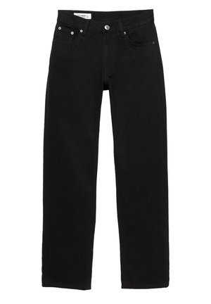 Jeans in denim nero con taglio dritto, cinque tasche, hardware argentato e etichetta con marchio in vita. Tessuto liscio.
