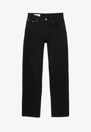 Jeans in denim nero con taglio dritto, cinque tasche, hardware argentato e etichetta con marchio in vita. Tessuto liscio.