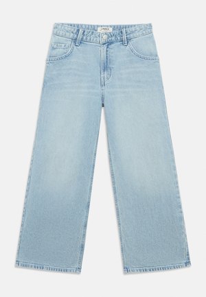 Jeans in denim azzurro chiaro a gamba larga con bottone frontale, cerniera, passanti per cintura e tasche anteriori, etichettati Lindex.