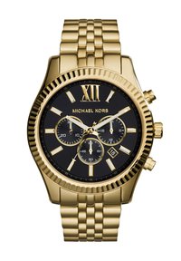 Gold metal watch featuring a black dial, Roman numeral XII, three sub-dials, date display, and a link bracelet. Brand name "Michael Kors" displayed.