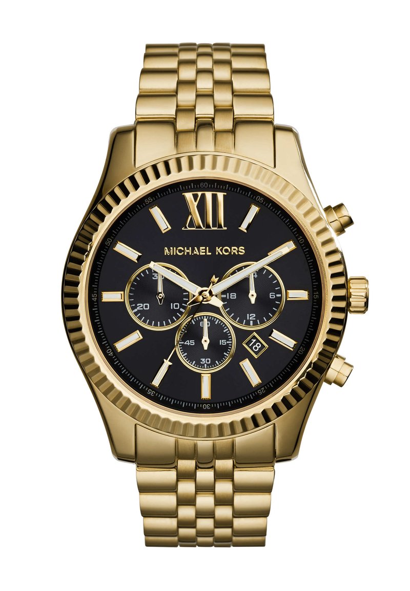 Gold metal watch featuring a black dial, Roman numeral XII, three sub-dials, date display, and a link bracelet. Brand name "Michael Kors" displayed.