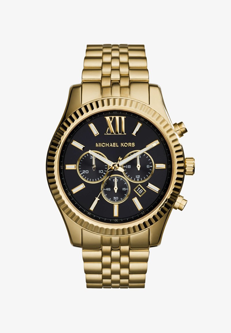 Gold metal watch featuring a black dial, Roman numeral XII, three sub-dials, date display, and a link bracelet. Brand name "Michael Kors" displayed.