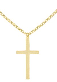 Gouden kruis hanger aan een ketting. Het kruis heeft een gladde afwerking en de ketting heeft vergrendelende schakels.