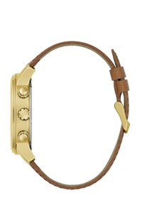 Orologio dorato con cassa rettangolare, dotato di tre pulsanti, cinturino in pelle marrone e quadrante in vetro nero lucido.