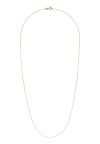 Gouden ketting met een dunne, gladde schakel en een lipjesluiting. Heeft een eenvoudig, minimalistisch ontwerp dat geschikt is voor lagen.