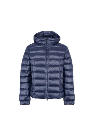 Marineblå pufferjakke med lynlås foran, hætte og quiltet design. Fremstillet af skinnende, letvægtsmateriale, der har elastiske manchetter og kant.