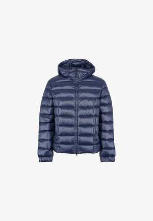 Giubbotto imbottito navy con zip frontale, cappuccio e design trapuntato. Realizzato in materiale lucido e leggero, presenta polsini e orlo elasticizzati.