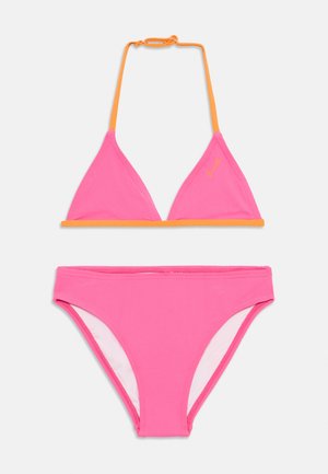 Rosa bikini med trekantet topp og matchende underdel. Justerbare oransje stropper og sømdetaljer. Laget av glatt, stretchy stoff.