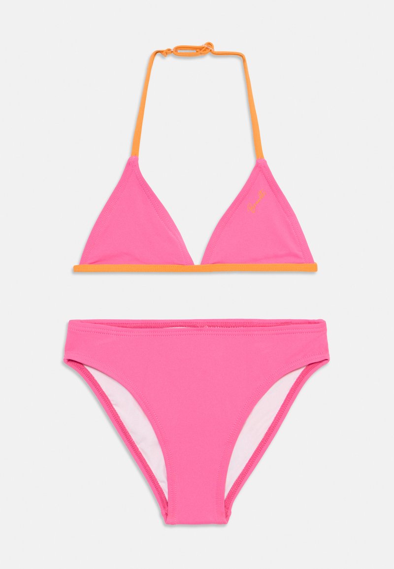 Biquíni rosa com parte superior triangular e parte de baixo correspondente. Alças ajustáveis laranja e detalhes de costura. Feito de um tecido suave e elástico.