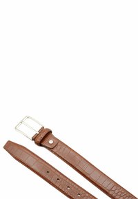 Cintura in pelle marrone con motivo coccodrillo, dotata di fibbia in metallo argento e diversi fori per la regolazione. Texture liscia.