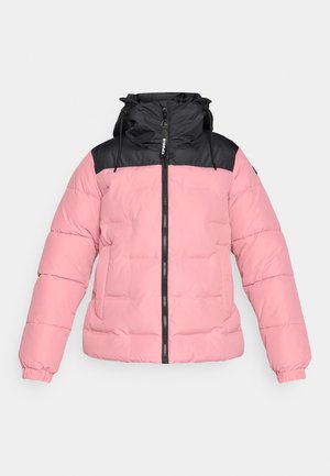 Pink puffer jacket with black shoulder and hood accents, front zipper, elastic cuffs, and side pockets against a white background.