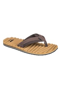 Sandale en cuir brun avec une semelle texturée marron et beige, comportant une sangle rembourrée et un lit de pied nervuré pour une meilleure traction.