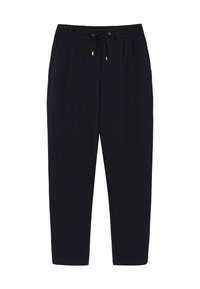 Pantaloni de jogging negri, confecționați dintr-un material moale, cu un talie elastică și șnururi ajustabile, având picioare conice. Fără modele vizibile.