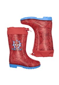 Bottes de pluie en caoutchouc rouges avec des semelles bleues, présentant un motif de toile d'araignée et un logo Spider-Man sur le côté. Manche ajustable avec un cordon.