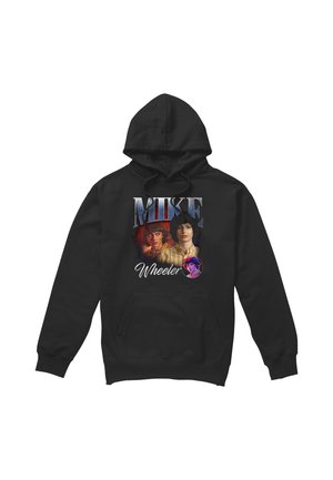 Black hoodie featuring three images of a young man with curly hair and the text "Mike Wheeler" in large letters.