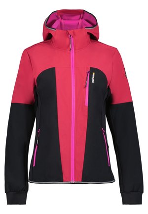 Dame softshell-jakke med hætte i pink og sort med lynlås foran og lynlåslommer.