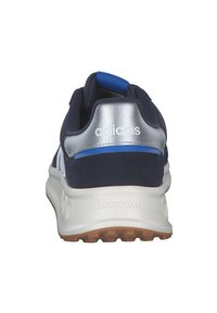 Navy athletic shoe with a silver heel and blue accent, featuring a cushioned Cloudfoam sole and textured rubber outsole.
