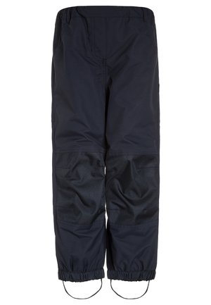 Dunkelblaue, verstärkte, wasserdichte Hosen mit elastischen Knöcheln und verstellbaren Fußriemen für den Einsatz im Freien oder als Arbeitskleidung.