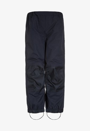 Pantalons imperméables renforcés bleu marine foncé avec des chevilles élastiques et des sangles de pied réglables pour une utilisation en extérieur ou au travail.