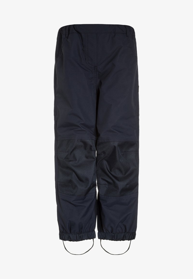 Dunkelblaue, verstärkte, wasserdichte Hosen mit elastischen Knöcheln und verstellbaren Fußriemen für den Einsatz im Freien oder als Arbeitskleidung.