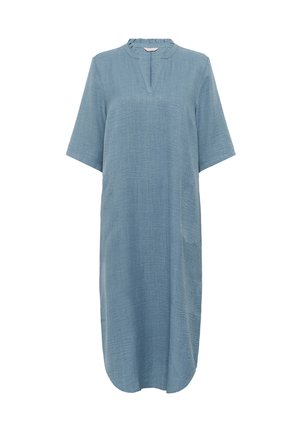 Brīvi pieguļoša, ceļa garuma zila kleita ar īsām piedurknēm, noapaļotu apakšmalu, mazu volānu kaklā un V veida iegriezumu pie apkakles.