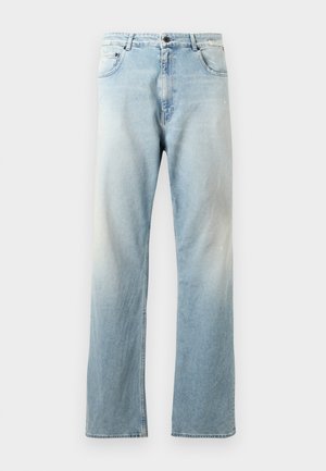 Light blue denim jeans with a straight-leg design, featuring a faded texture, five-pocket styling, and a button closure at the waistband.