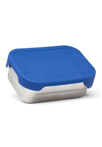Contenitore per alimenti in acciaio inossidabile con un coperchio in silicone blu testurizzato che presenta un motivo esagonale. Lavabile in lavastoviglie, materiali non tossici.