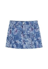 Mini gonna di denim con un motivo tie-dye blu e viola, design a cinque tasche e chiusura anteriore con bottoni in metallo argentato.