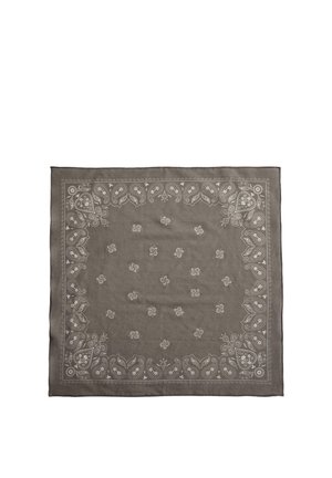 Brown square bandana with white paisley and floral patterns along the edges and scattered small floral motifs in the center.