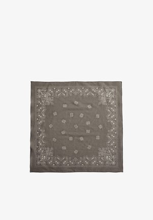 Brown square bandana with white paisley and floral patterns along the edges and scattered small floral motifs in the center.