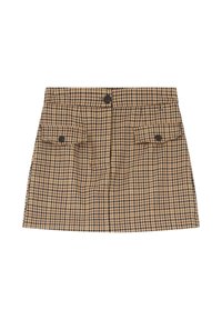 Gonna a quadri marrone con vita alta, chiusura frontale con bottoni e due tasche a pattina sul davanti. Realizzata in tessuto leggero con un design strutturato.
