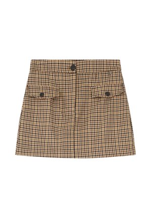 Gonna a quadri marrone con vita alta, chiusura frontale con bottoni e due tasche a pattina sul davanti. Realizzata in tessuto leggero con un design strutturato.