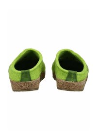 Green felt clogs with a rounded back, cork sole, and textured surface. Features green fabric accents on the heels for added detail.