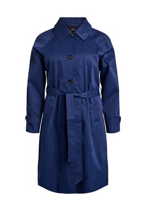 Navy blue trench coat with a collar, button closure, and tie waist. Features long sleeves with buttoned cuffs and two side pockets. Smooth fabric.
