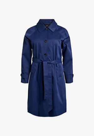Marineblauwe trenchcoat met kraag, knoopsluiting en tailleceintuur. Heeft lange mouwen met knoopmanchetten en twee zijzakken. Soepel stof.