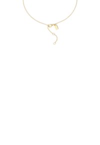 Collier en chaîne dorée délicate avec un fermoir à ressort et une chaîne d'extension réglable comportant une petite étiquette rectangulaire.