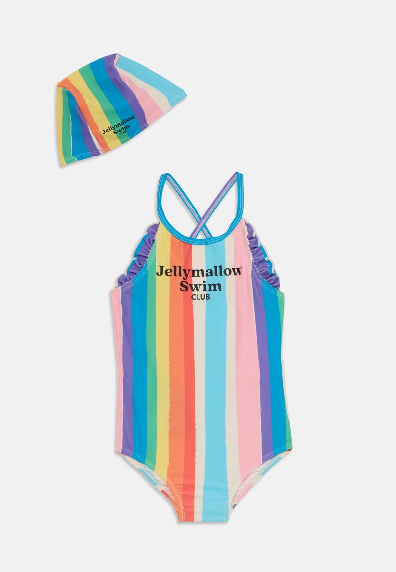 Večbarvni prugast kopalni kostim z nabranimi naramnicami in usklajenim plavalnim pokrivalom. Narejen iz gladkega materiala v odtenkih modre, roza in oranžne barve.