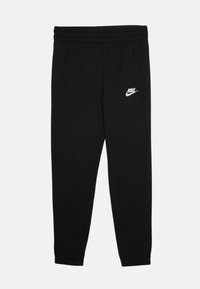 Pantalons de survêtement noirs Nike avec taille élastique et poignets élastiques, arborant un petit logo blanc Nike sur le côté gauche. Tissu doux et coupe décontractée.