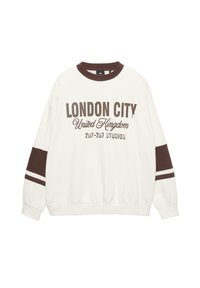 Sweatshirt blanc avec col rond marron, présentant un graphique "LONDON CITY United Kingdom 207-203 STUDIOS" en marron. Rayures marron sur les manches.