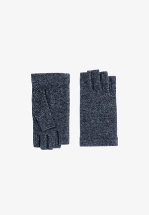 Gants sans doigts en tricot gris foncé, avec un poignet en côtes et une texture lisse, une main ayant un doigt complet et l'autre trois doigts exposés.